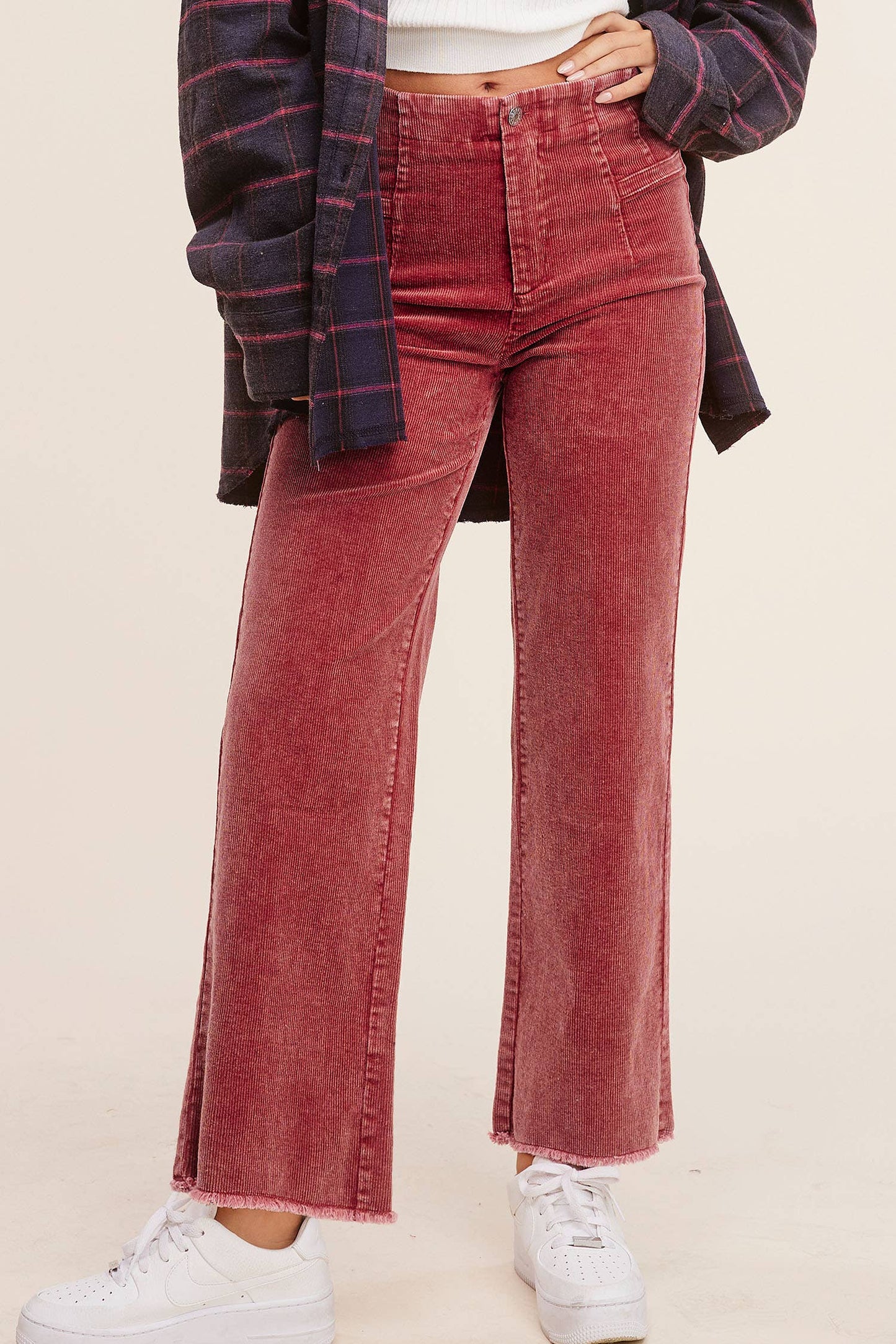MCP4220-Mineral Washed High Waisted Wide Leg Corduroy Pants: Brown / XL