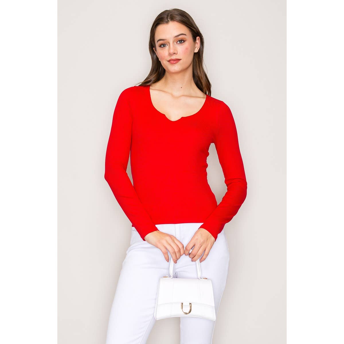 Notch Scoop Neck Double Layer Long Sleeve Knit Top: Botanical Garden/Hunter / S-M-L(2-2-2)