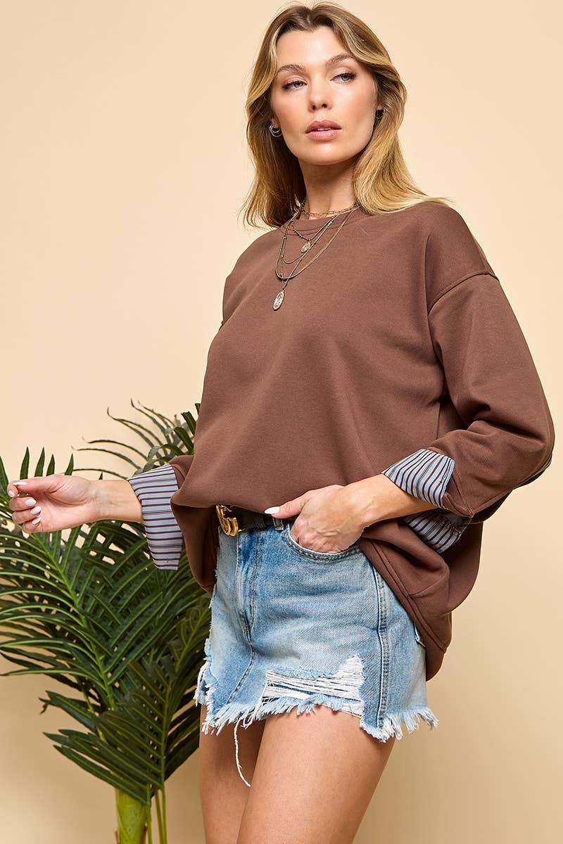Stripe Detail Long Sleeve Sweatshirt: Brown / S