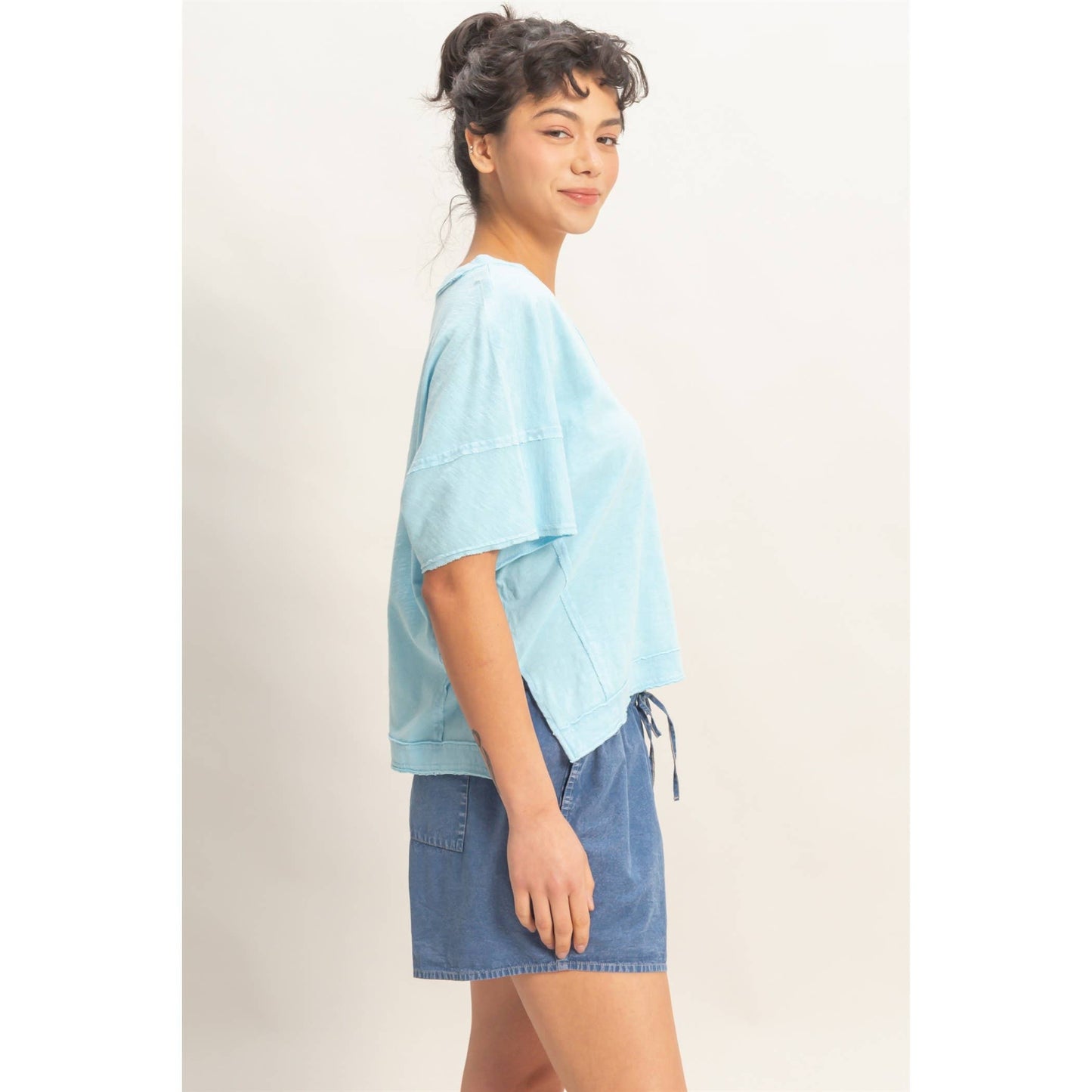 Oversized V-Neck Short Sleeve Top: TAFFY PINK / S-M-L(2-2-2)