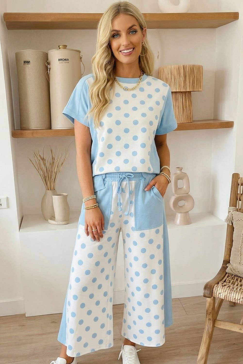 66 Polka Dot Top and High Waist Shorts 2pcs Set (S-XL): Sky Blue