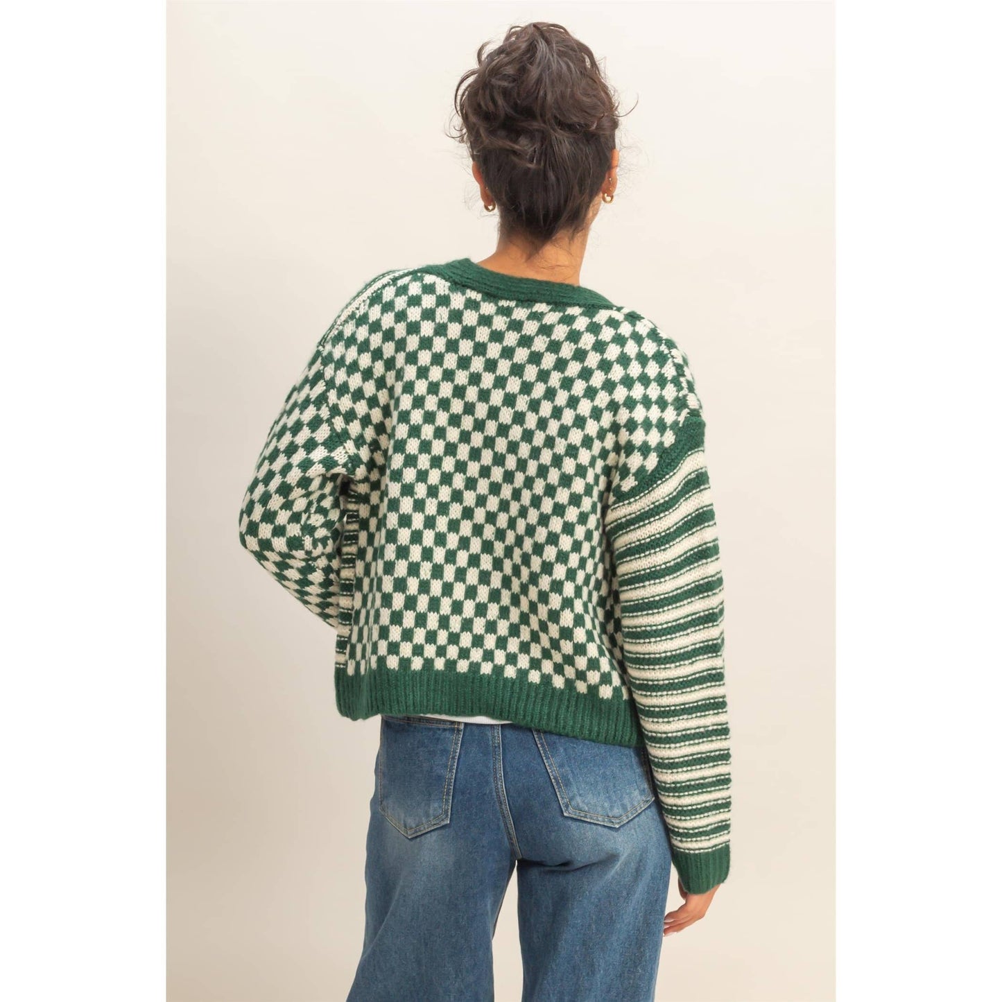 Checker And Stripe Contrast Knit Cardigan Sweater: SOFT PINK/CREAM / S-M-L(2-2-2)