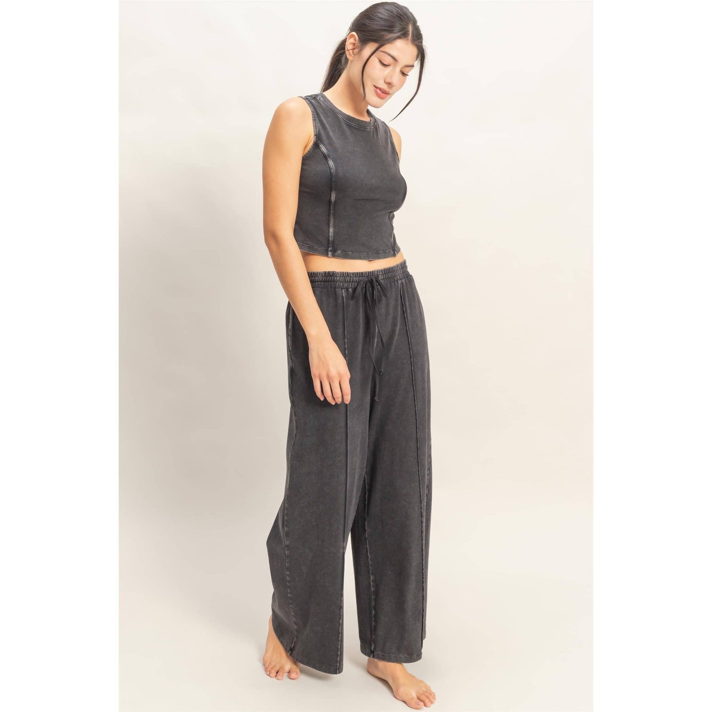 Mineral Washed Sleeveless Top & Wide Leg Pants Set: CHOCOLATE / S-M-L(2-2-2)