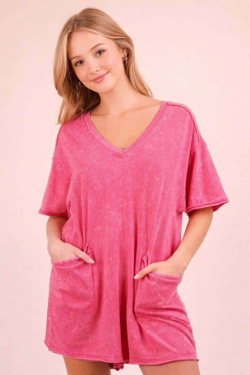 Mineral Washed Oversized Casual Knit Romper: PINK / 2-2-2(S-M-L)
