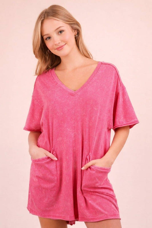Mineral Washed Oversized Casual Knit Romper: PINK / 2-2-2(S-M-L)