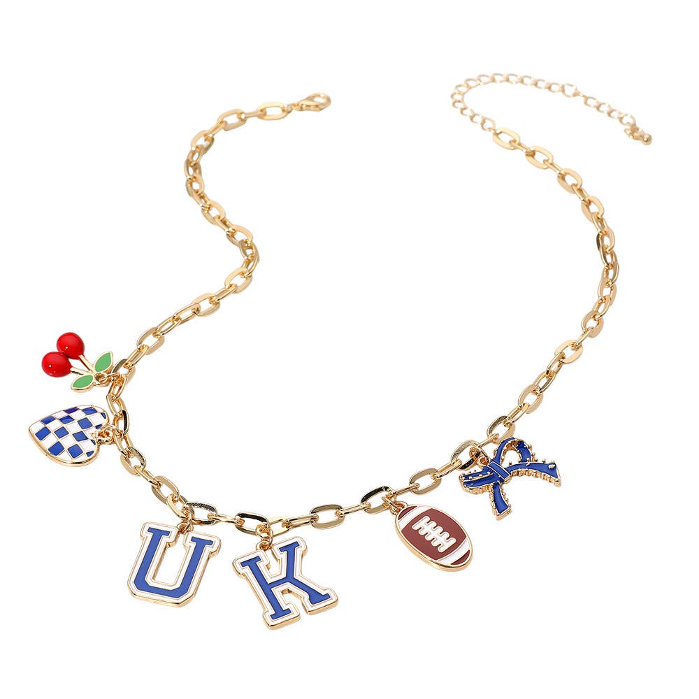 Football Theme Bow Cherry Heart Charm Station Necklace: Blue,Gold,White