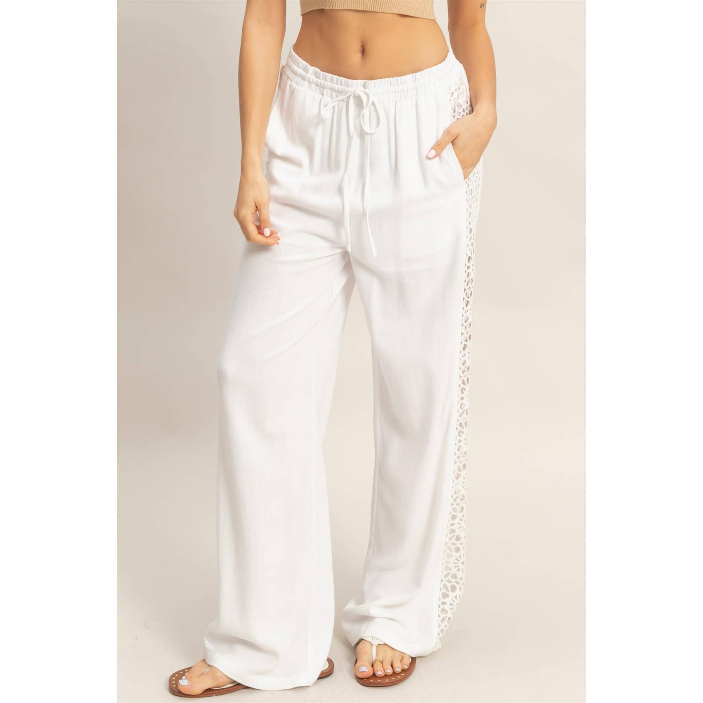 Lace Trim Wide Leg Pants: TERACOTTA / S-M-L(2-2-2)