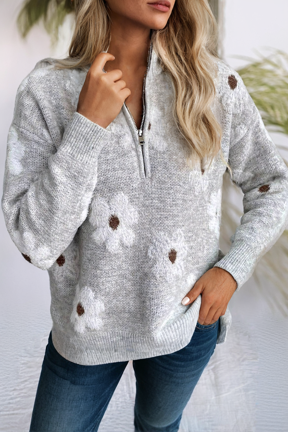 LDC Floral Pattern Drop Shoulder Half Zip Sweater: Green / Missy / M