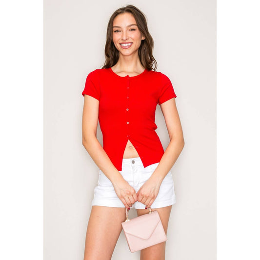 Button Down Short Sleeve Rib Top: Red / S-M-L(2-2-2)