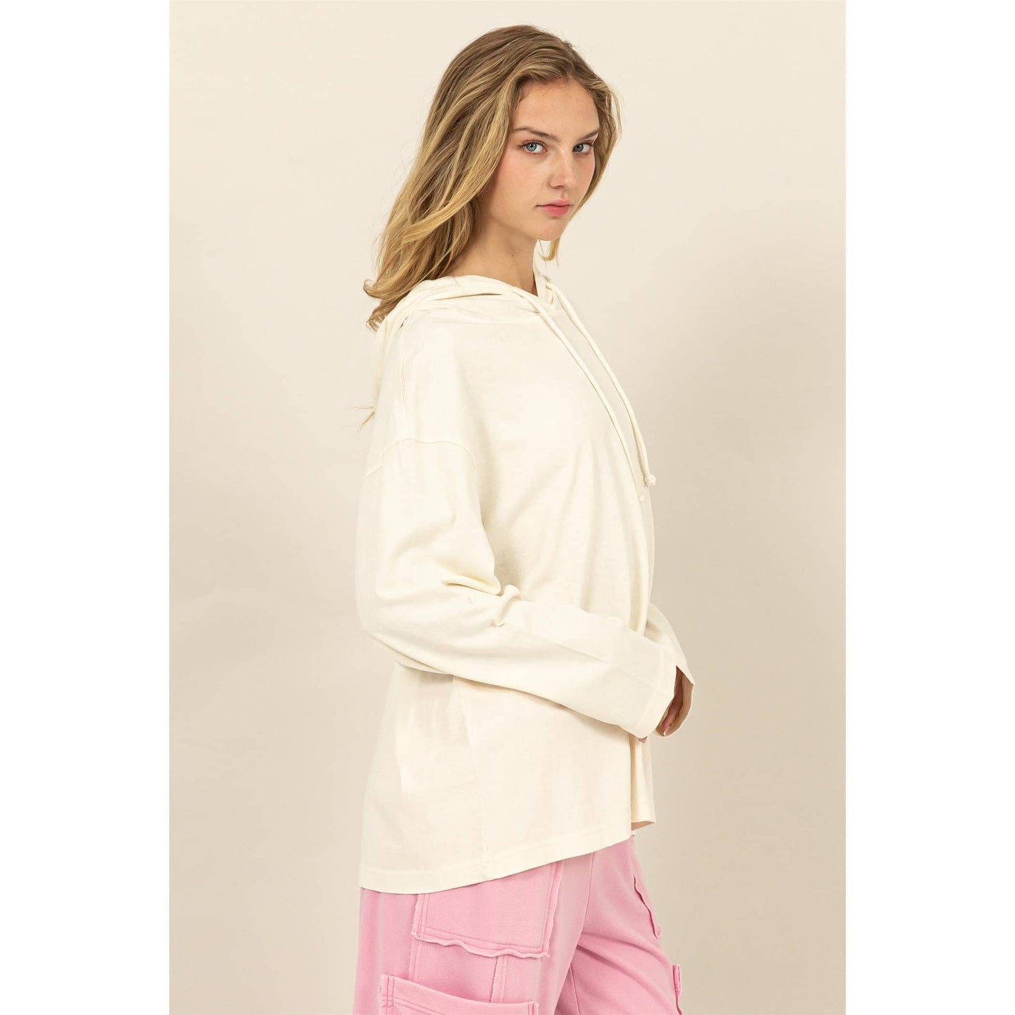 Oversized Hooded Long-Sleeve Top: BLACK / S-M-L(2-2-2)
