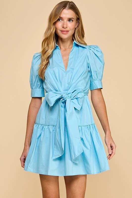 CD05177-Poplin Collared V Neckline Waist Bow Dress: BABY BLUE / M