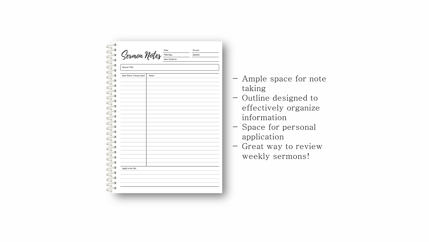 Sermon Notes Spiral-bound journal, 40 pages: Half Size- 5.5"x8.5"