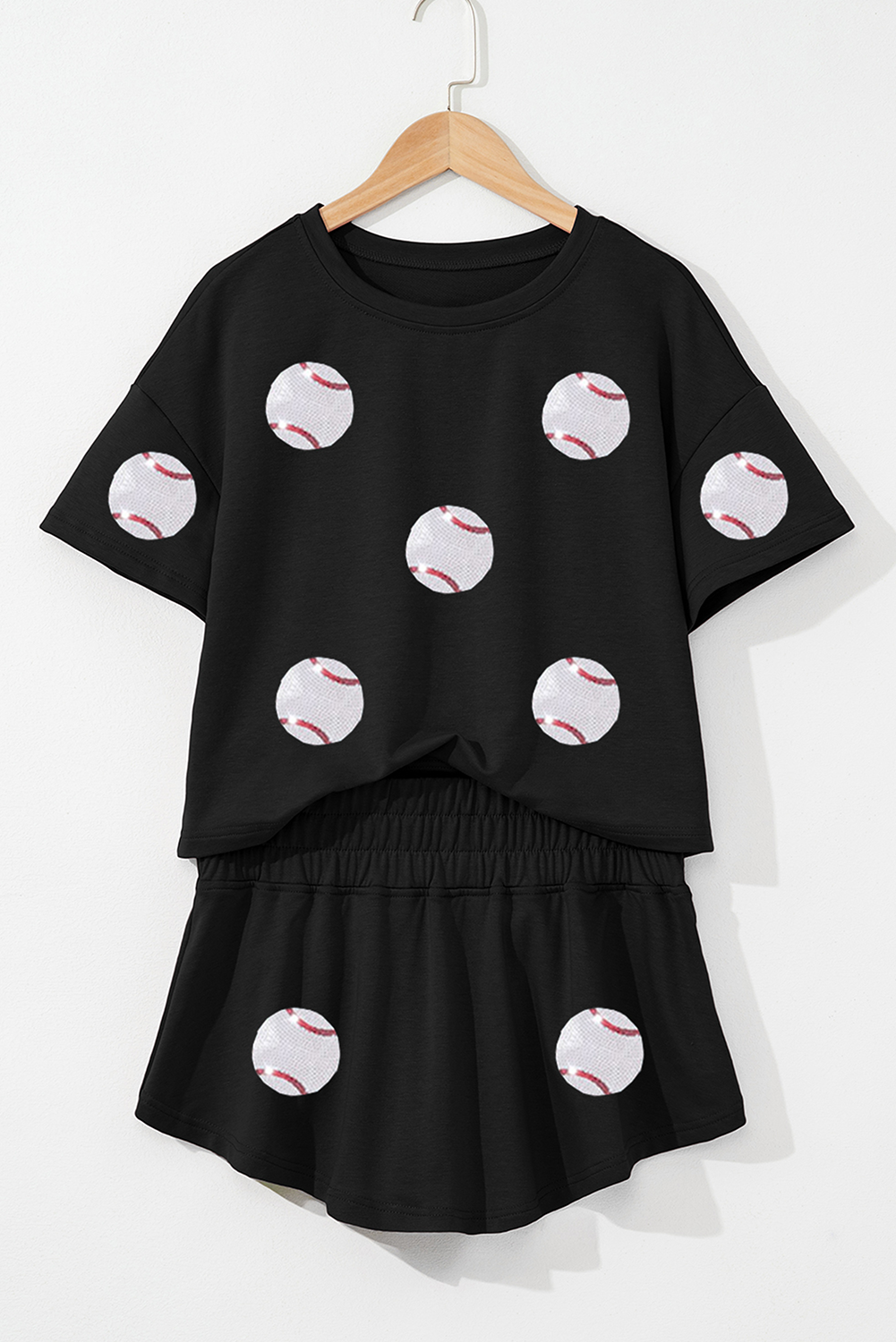 Baseball Print Cropped Tee and Ruffle High Waist Skort Set: Black / Missy / M