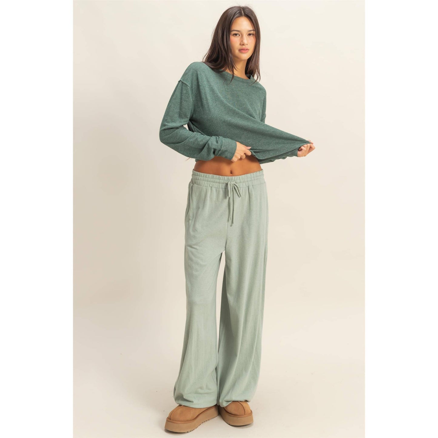 High Waist Drawstring Wide Leg Pants: BLACK / S-M-L(2-2-2)