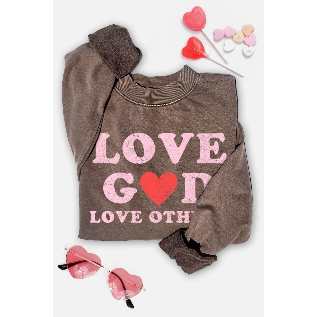 LOVE GOD LOVE OTHERS MINERAL GRAPHIC SWEATSHIRTS: MINERAL HOT PINK / S-M-L-XL(1-2-2-1)