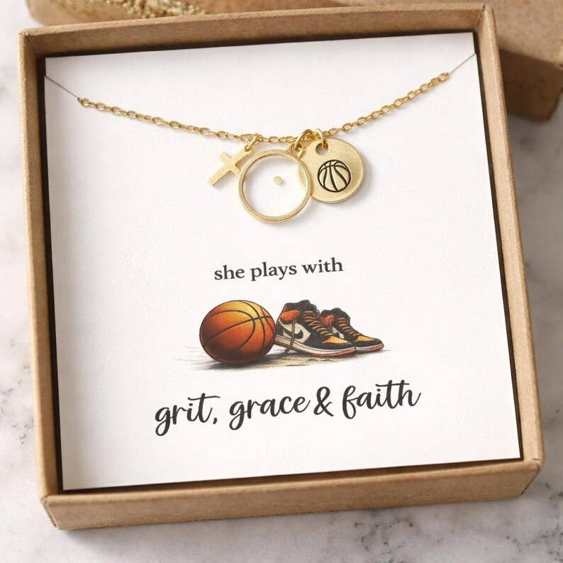 Basketball Cross Mustard Seed Necklace for Girl – Faith Based Basketball Player Gift, Christian Athlete Jewelry, Senior Night Gift: Gold No Gift Box ($10.49 - $12.99) / Without Mustard Seed ($10.49 - $12.49)