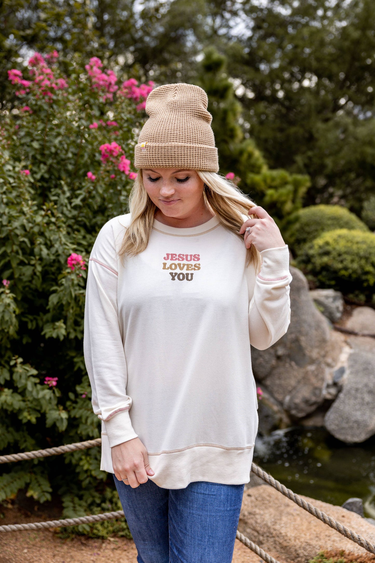 Jesus Loves You Embroidery - Light Weight Stitch Sweatshirt: XL