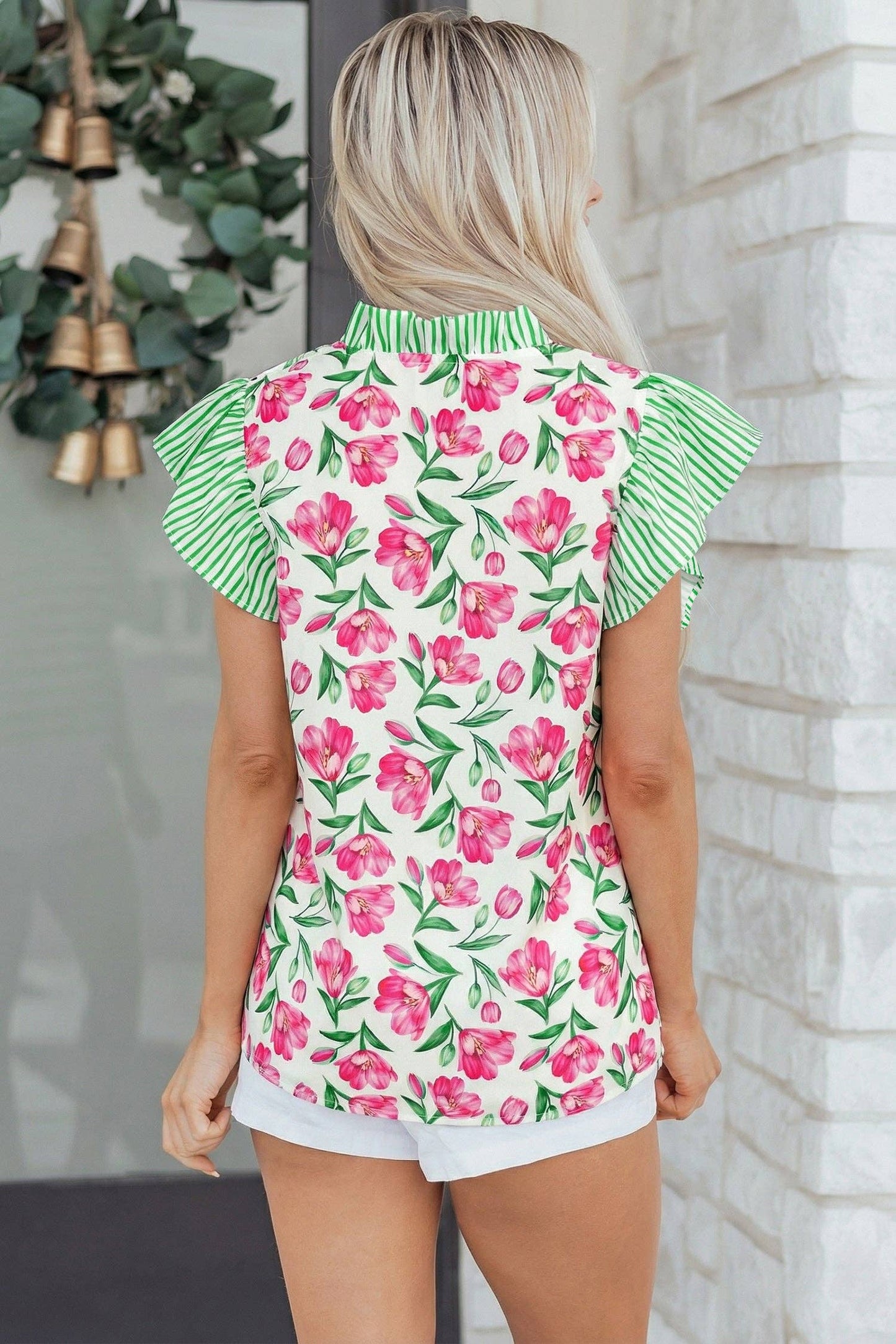 Multicolour Sweet Floral Print Striped Ruffle Trim V Neck Blouse: Multicolour / 100%Polyester / L