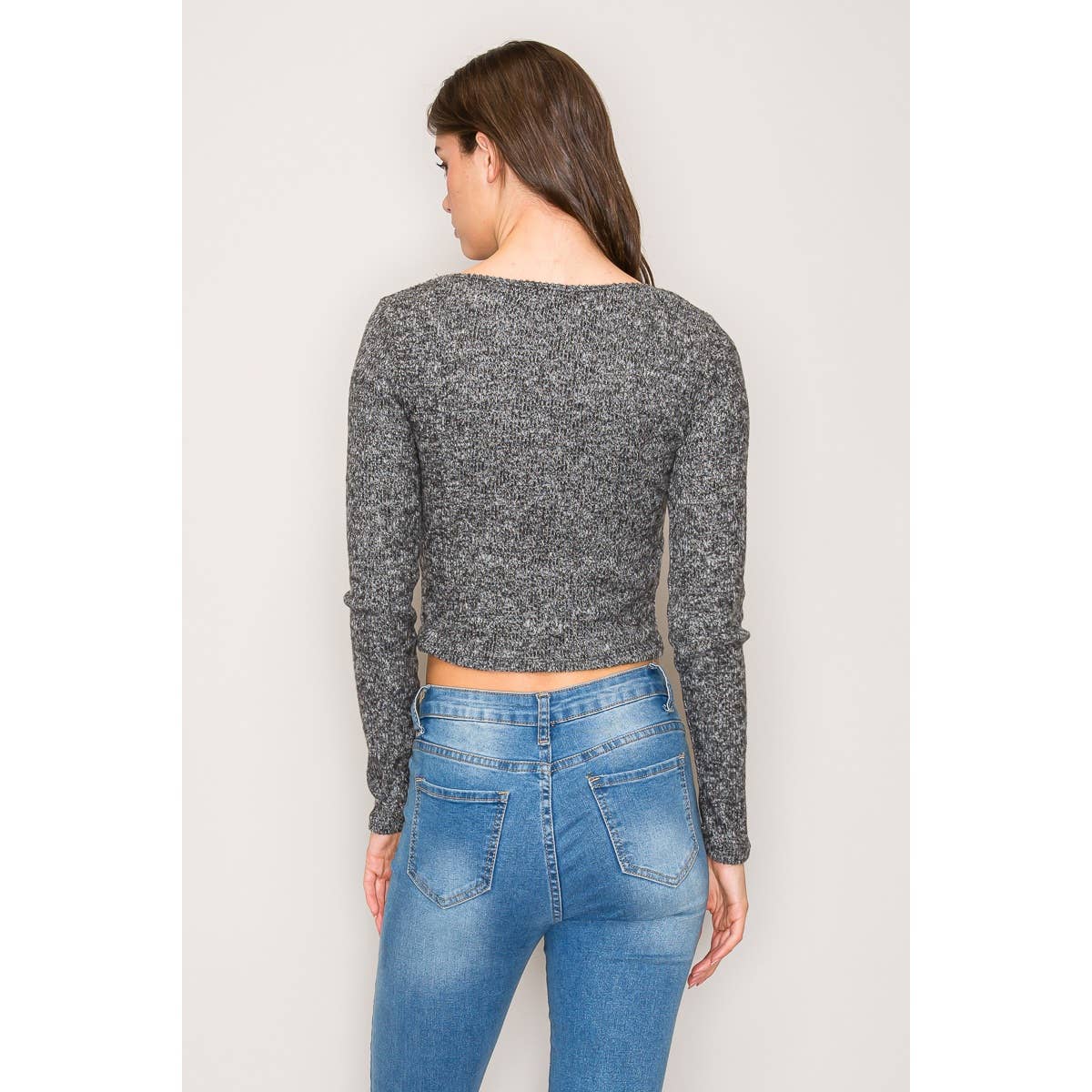 Square Neck Long Sleeve Top with Lace Trim: Black / S-M-L(2-2-2)
