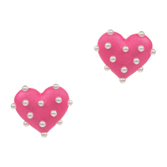 Heart Shaped Color Coated with Pearls Post Earrings: HPK / ONE SIZE