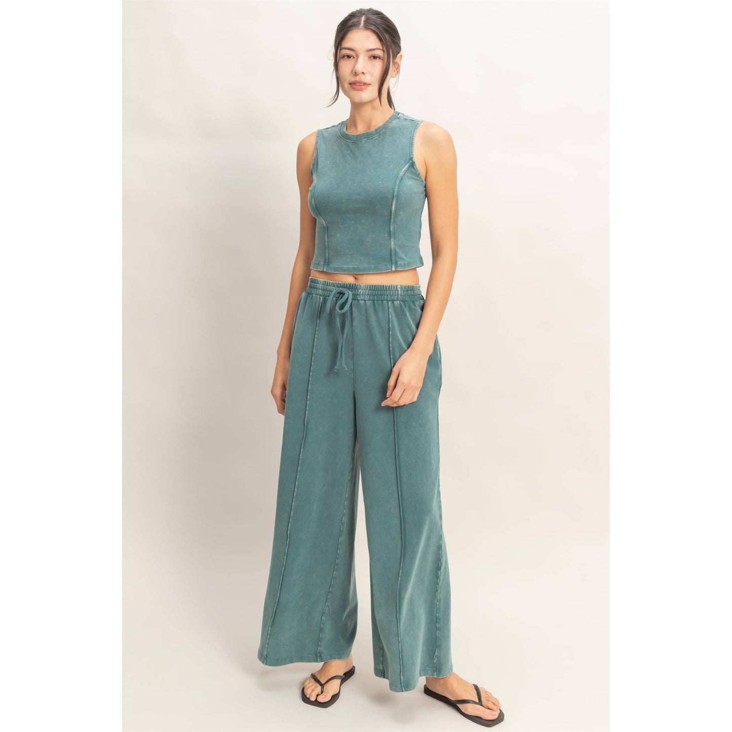 Mineral Washed Sleeveless Top & Wide Leg Pants Set: FUCHSIA / S-M-L(2-2-2)