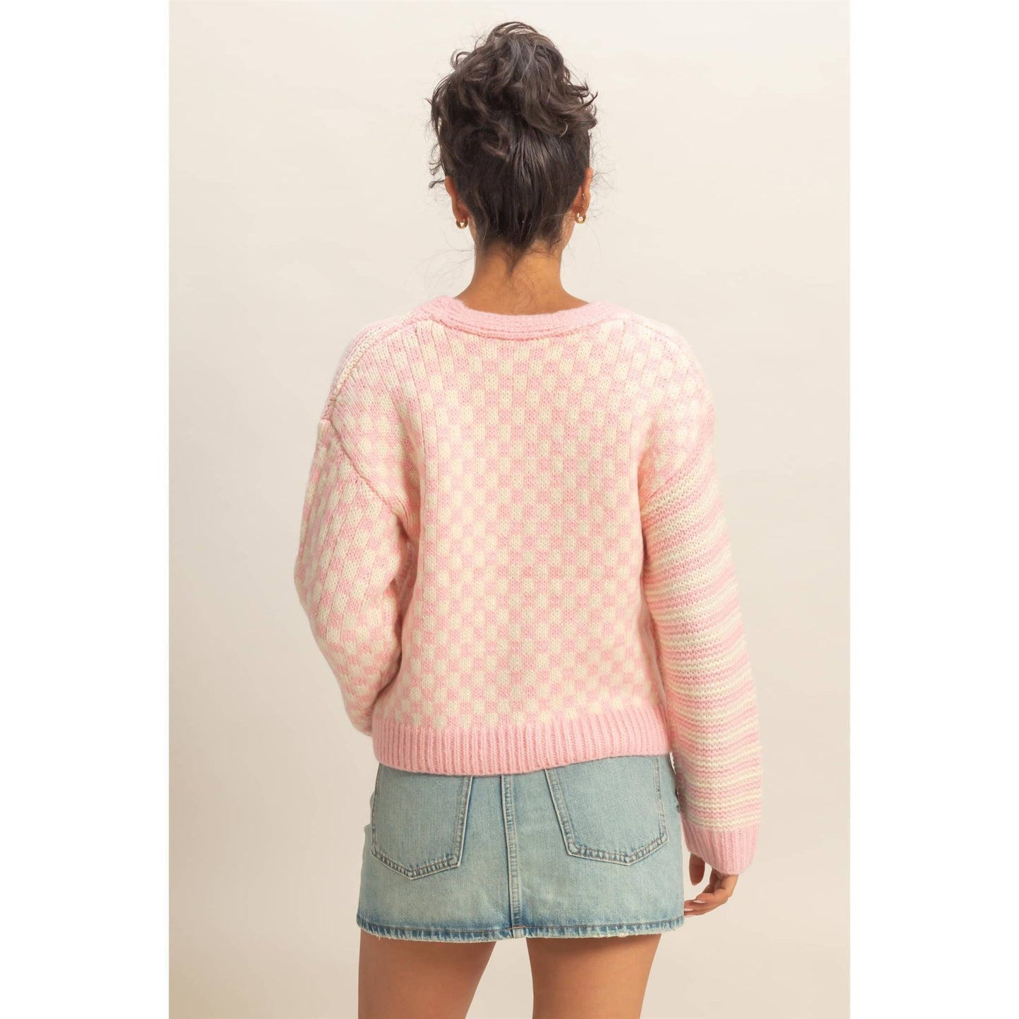 Checker And Stripe Contrast Knit Cardigan Sweater: SOFT PINK/CREAM / S-M-L(2-2-2)