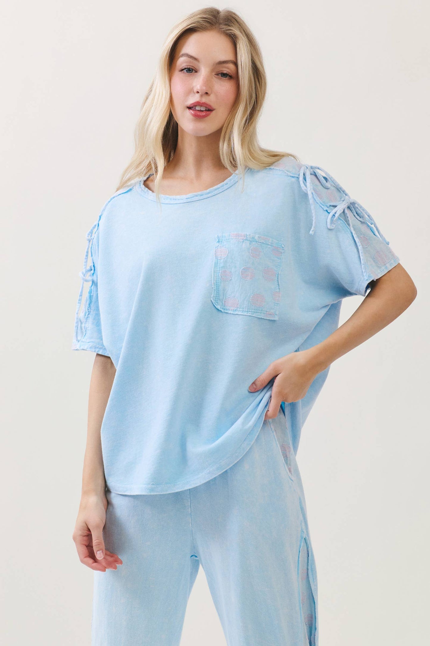 Mineral Washed Polkadot Shoulder Bow Tie Blouse top HT6510: Natural
