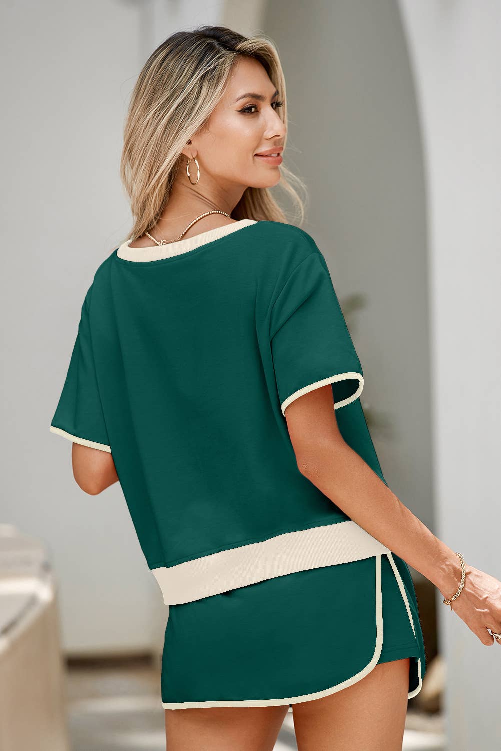 LDC Colorblock Edge Drop Shoulder T Shirt and Skirt 2Pcs Set: Evergreen / XL