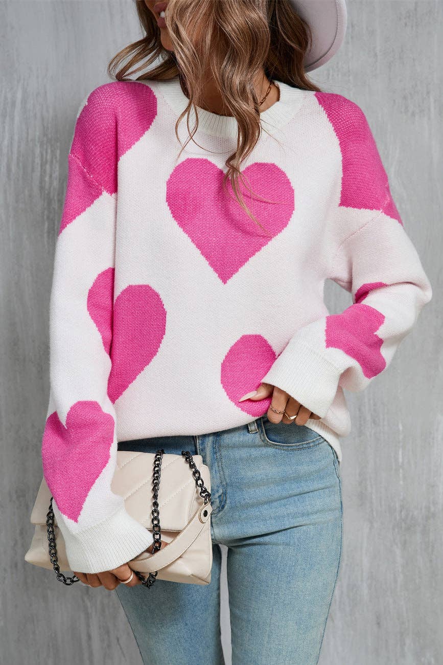 Valentine Heart Knit Sweater Pink Red Pullover Top: Rose Red / M