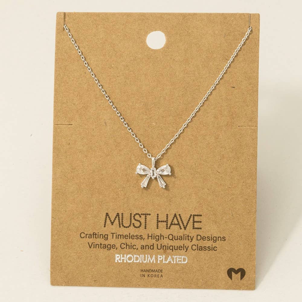 Rhinestone Ribbon Bow Pendant Necklace: S