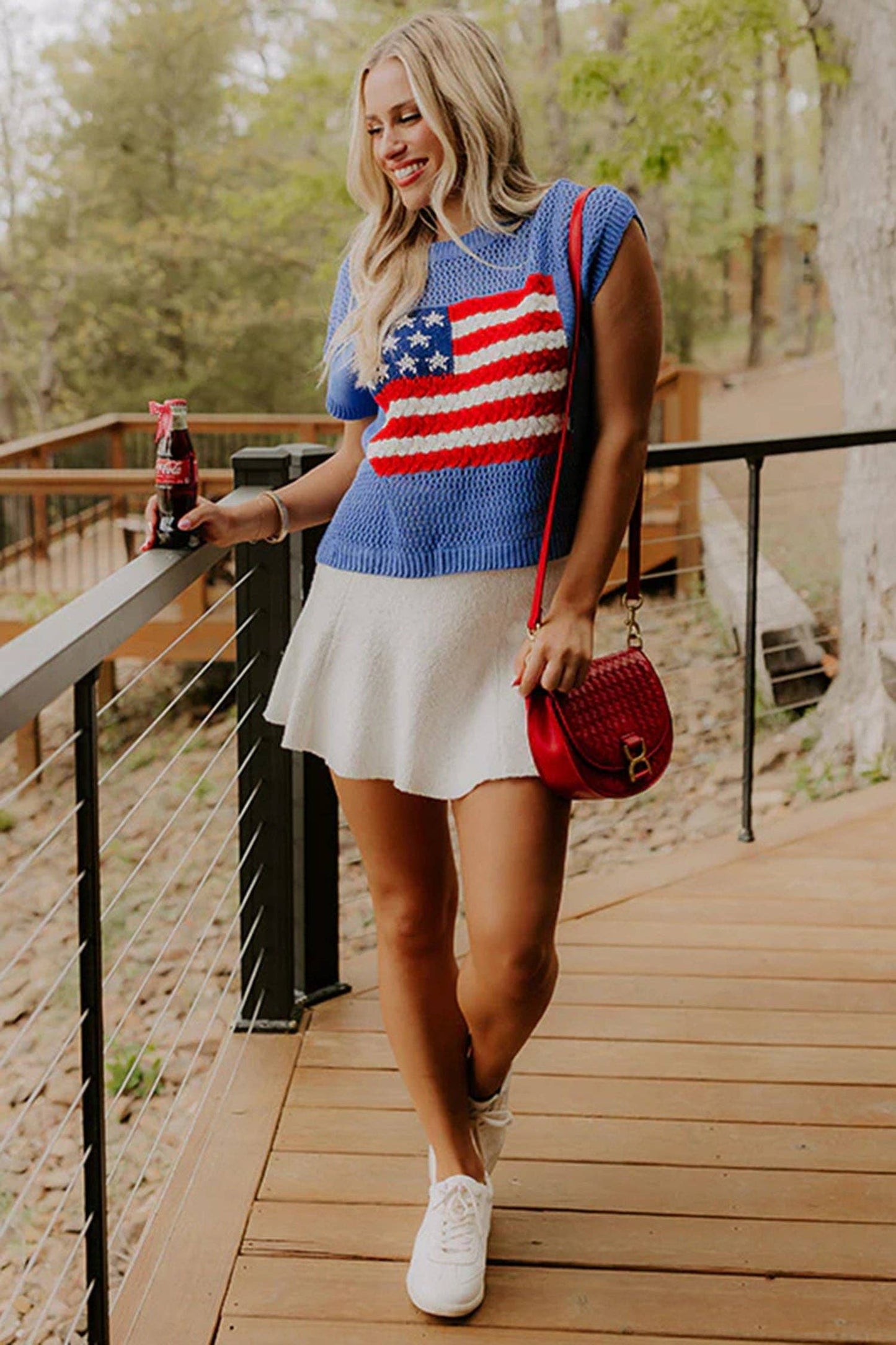 Blue American Flag Knit Short Sleeve Sweater Top: Sky Blue / 100%Acrylic / S