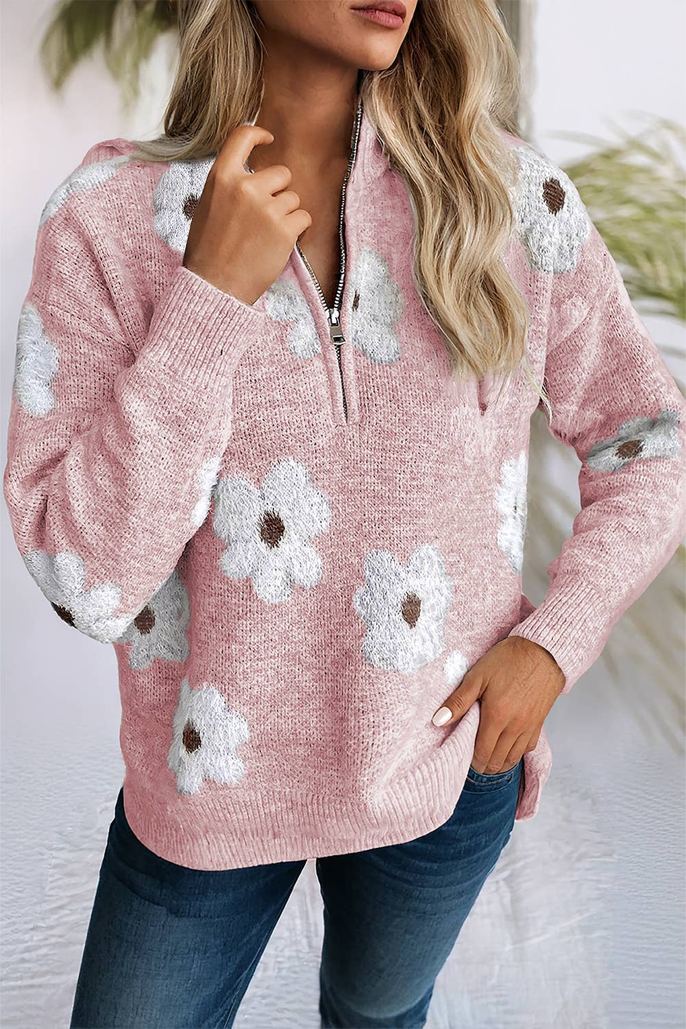 LDC Floral Pattern Drop Shoulder Half Zip Sweater: Green / Missy / L