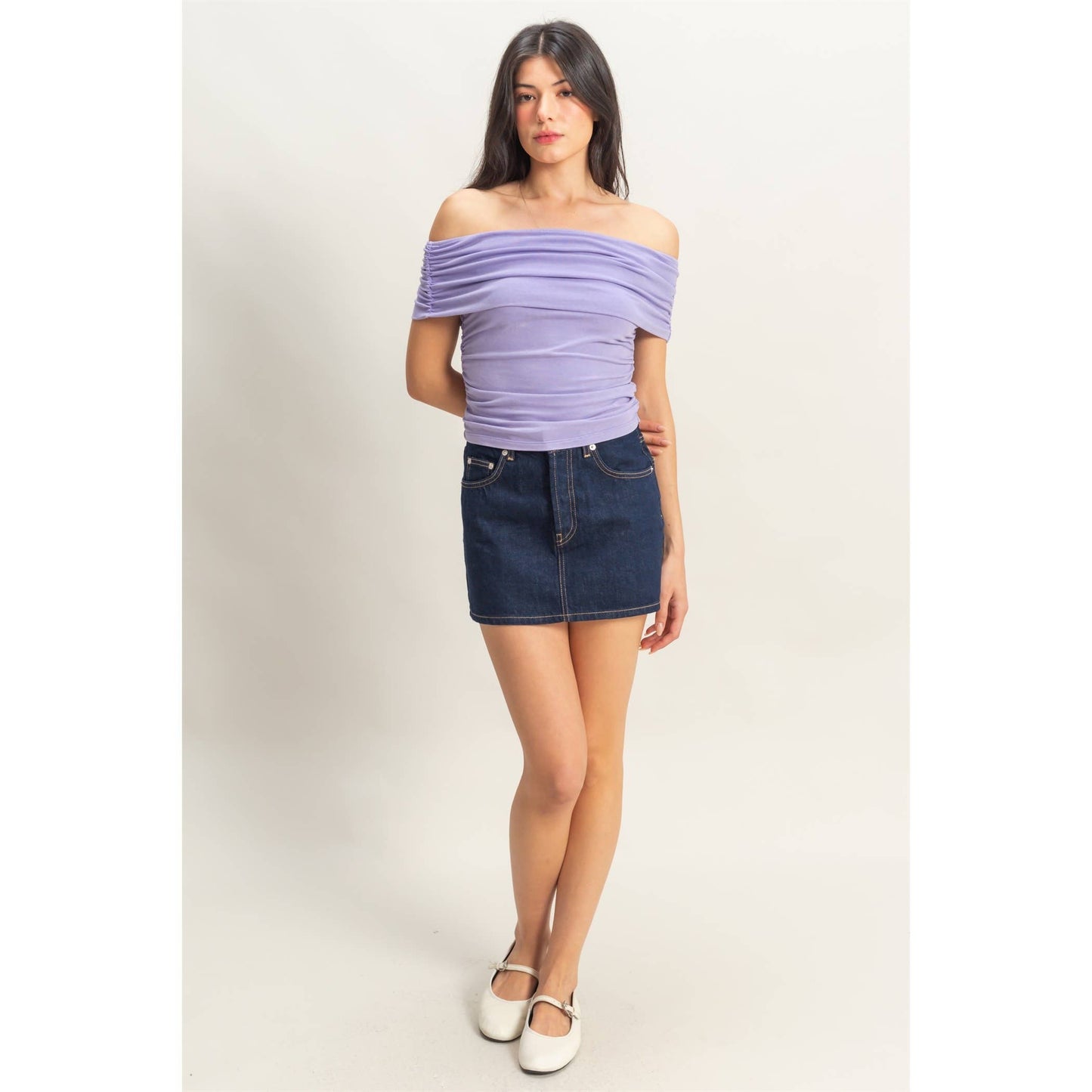 Off-The-Shoulder Side Ruched Top: RED / S-M-L(2-2-2)