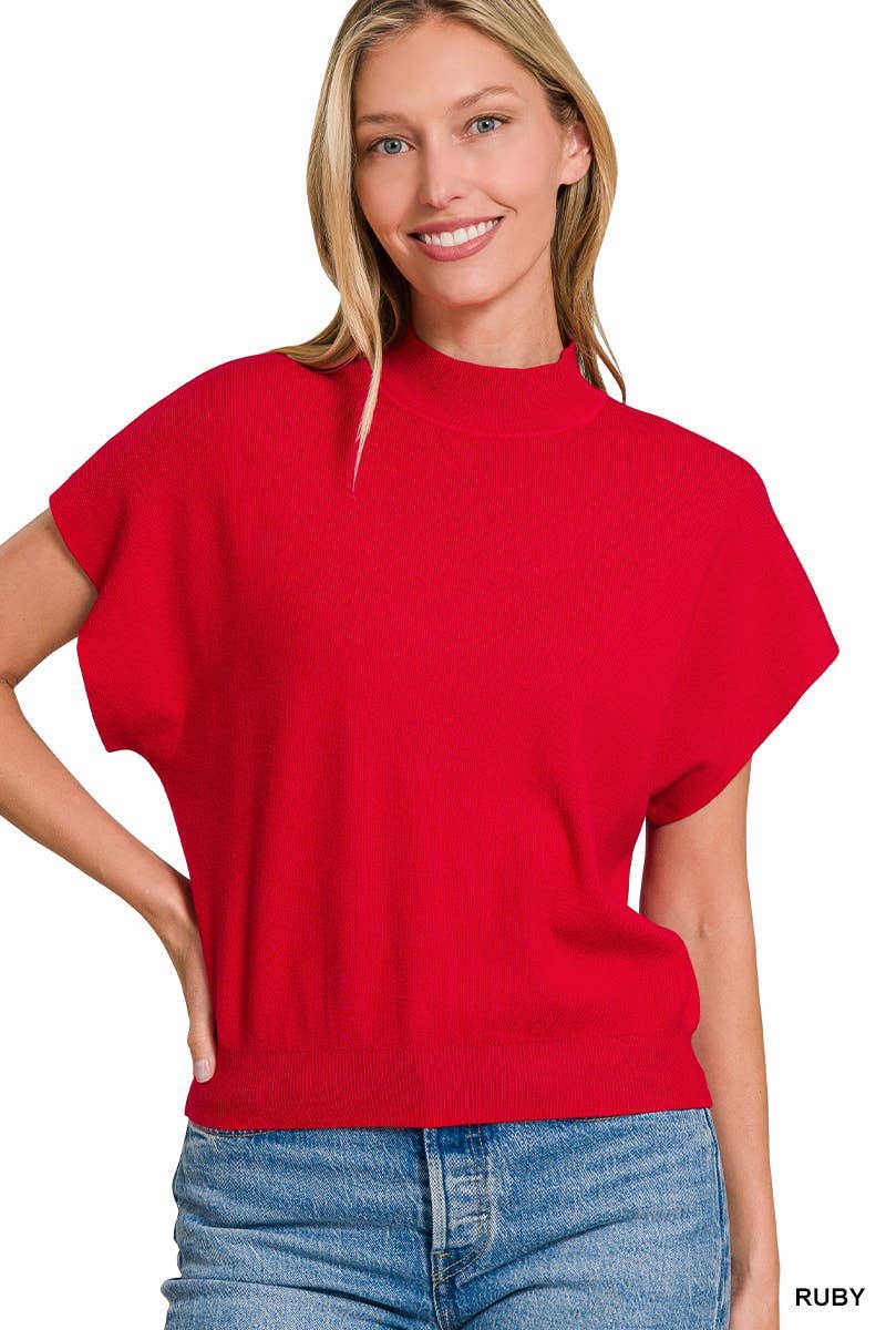 Mock Neck Short Dolman Sleeve Sweater: H MAHOGANY / 2-2-2 (S-M-L)