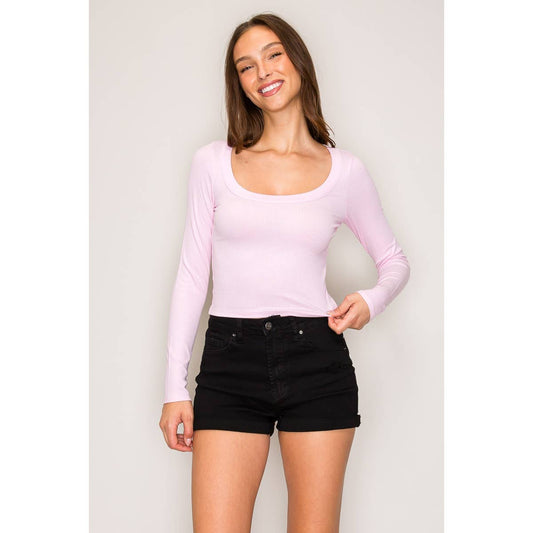 Ribbed Long Sleeve Wide Neck Top: Ballerina / S-M-L(2-2-2)