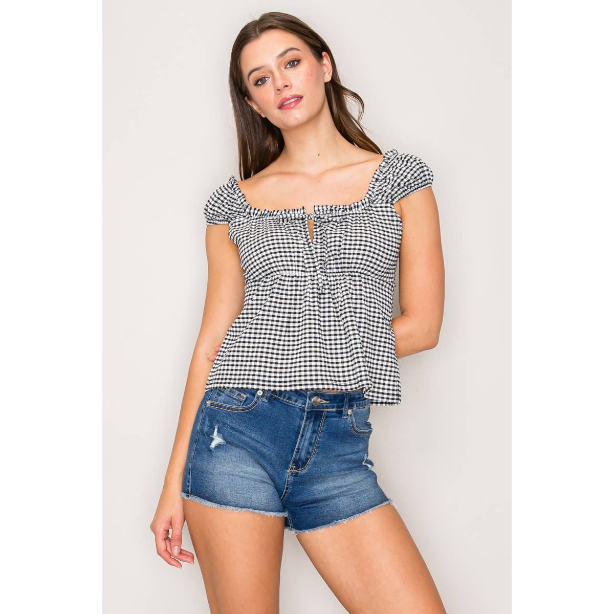 Gingham Babydoll Top with Square Neck and Tie : Black / White / S-M-L(2-2-2)