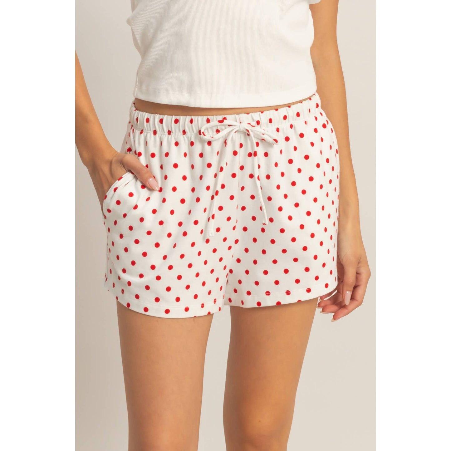 Polka Dot Drawstring Shorts: BROWN / S-M-L(2-2-2)
