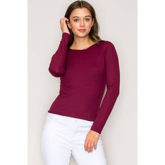 Double Layer Crew Neck Long Sleeve Rib Knit Top: Wine / S-M-L(2-2-2)