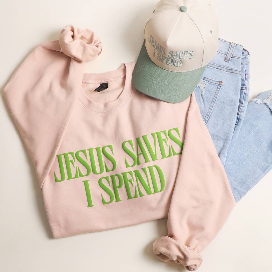 JESUS SAVES I SPEND PUFF MIDWEIGHT Sweatshirt: LIGHT PINK / S