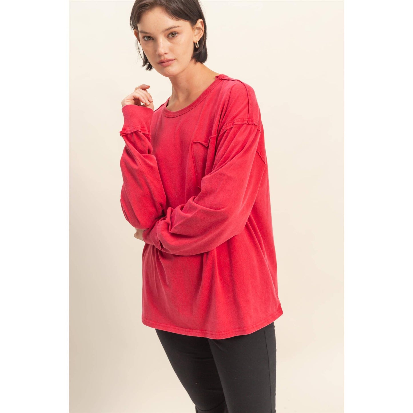 Oversized Washed Long Sleeve Pocket Tee: BLACK / S-M-L(2-2-2)