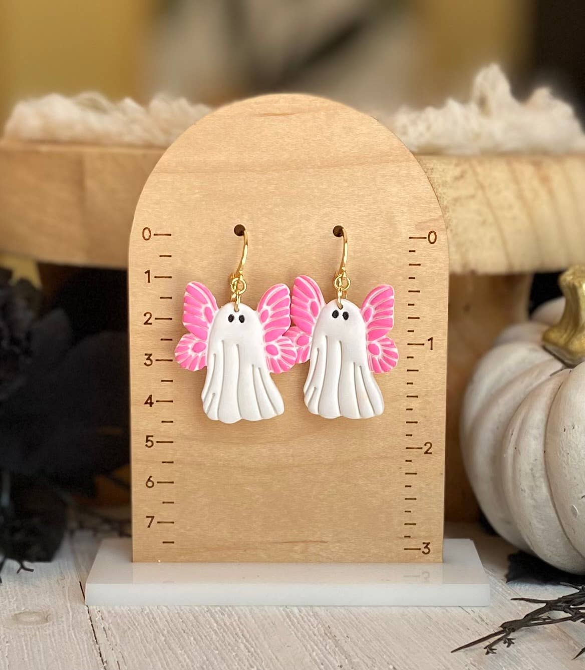 Pink Halloween Earrings | Fall Earrings : Ghost with Bows