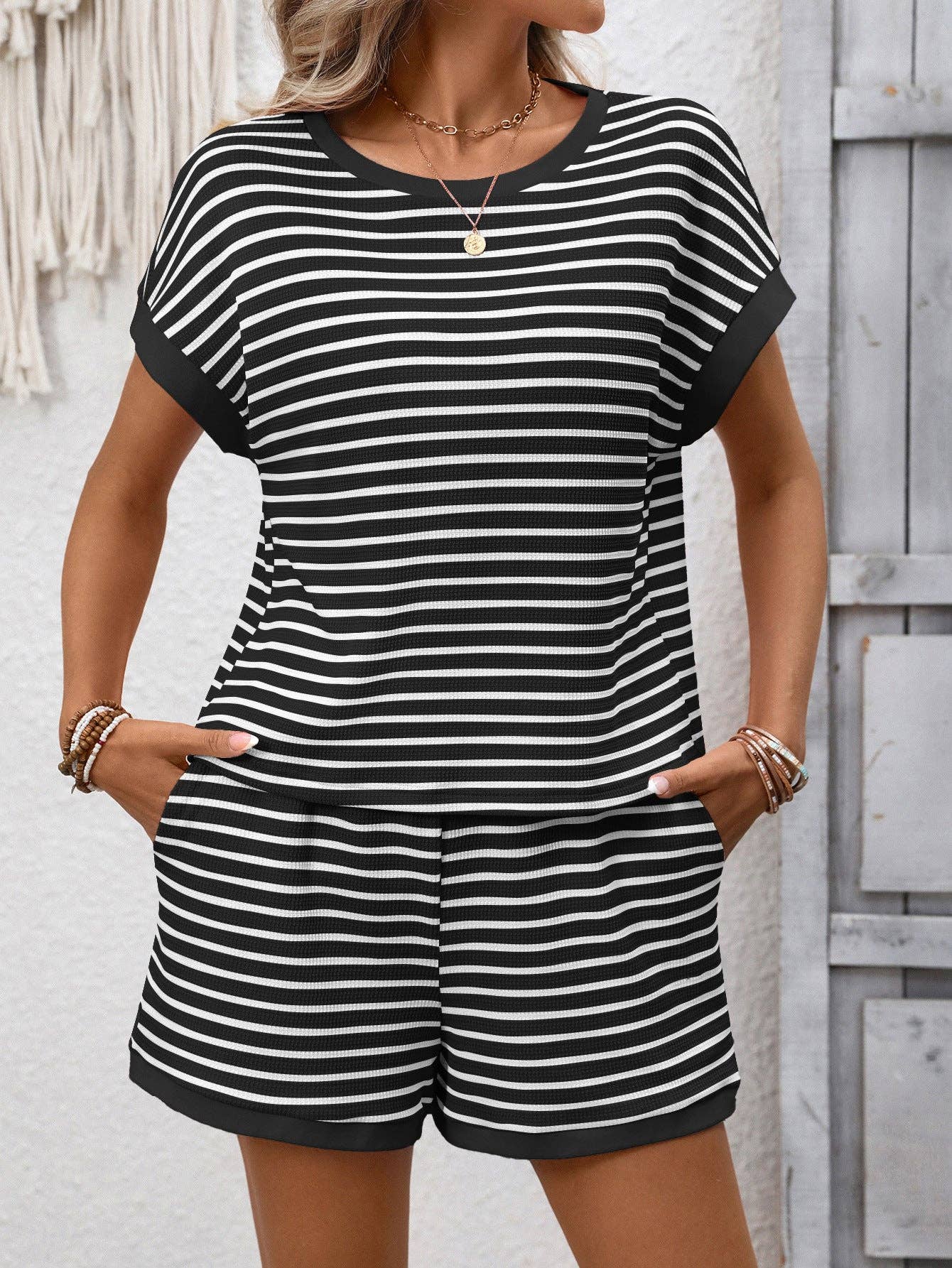 Striped Knit Lounge Set Short Sleeve Top and Shorts: Dark Pink / 65%Viscose + 35%POLYESTER / M
