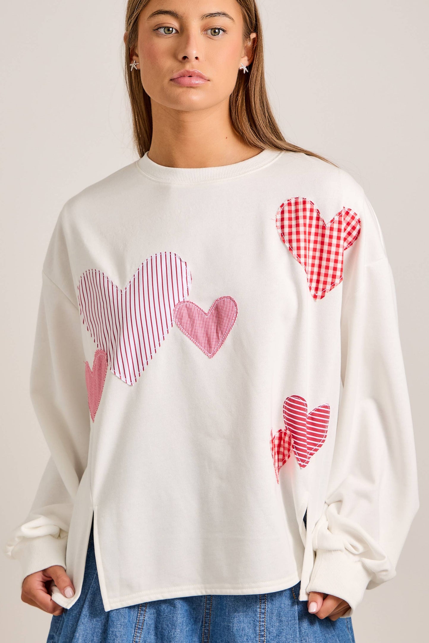 Red Heart Patchwork Sweatshirt – Valentine Pullover: RED / M