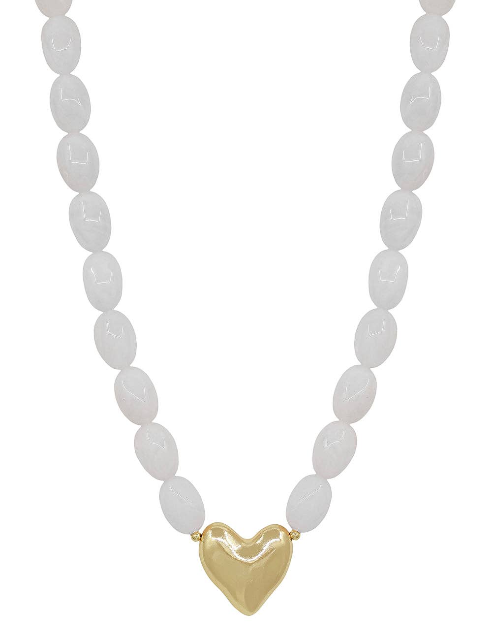 White Acrylic Oval Beaded with Gold Heart 16"-18" Necklace