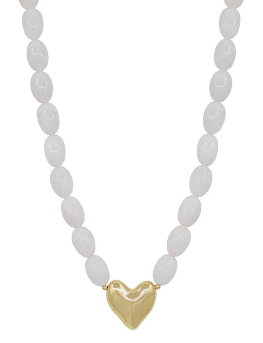 White Acrylic Oval Beaded with Gold Heart 16"-18" Necklace