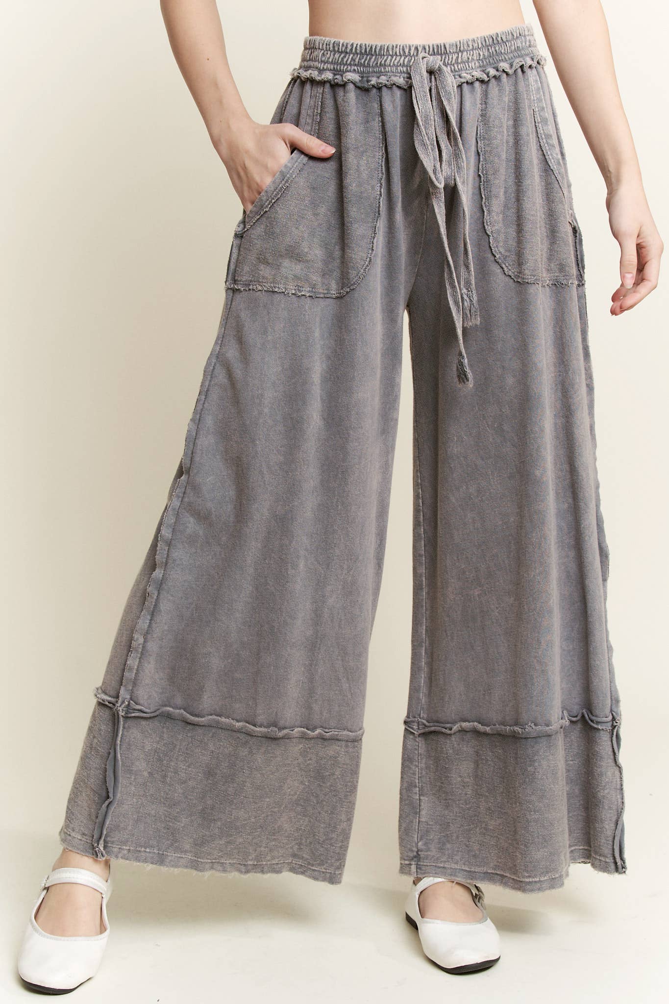 MineralWash Wide Pants with raw hem frayed details HP5536..: Latte / S-M-L / 2-2-2