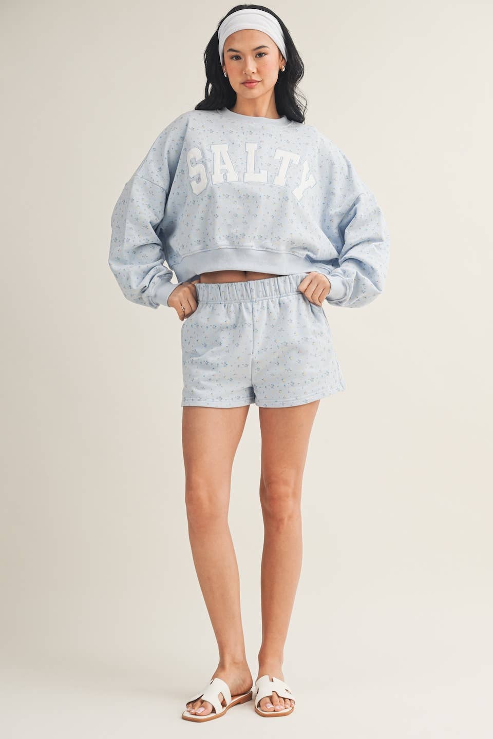 Salty Ditsy Print Crewneck Crop Sweatshirt: Pink Ditsy / L