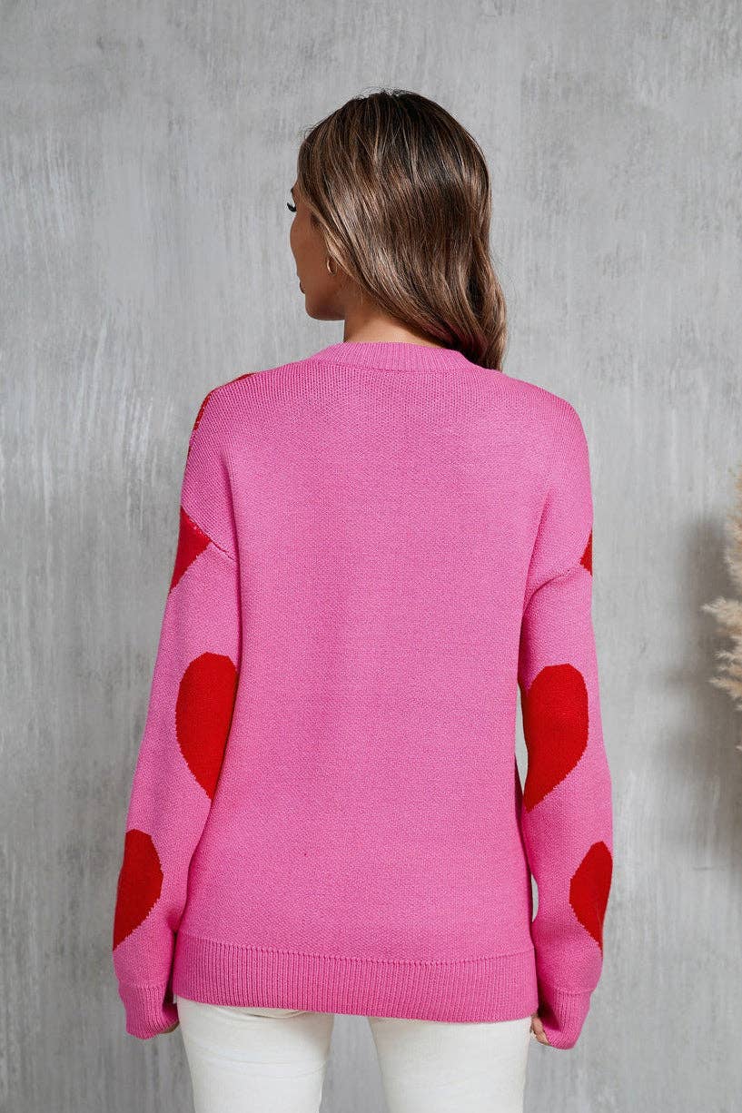 Valentine Heart Knit Sweater Pink Red Pullover Top: Rose Red / L