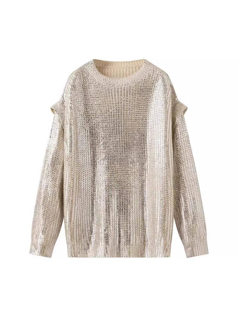 Shiny Retro Luxury Metallic Pullover Sweater: Silvery / S