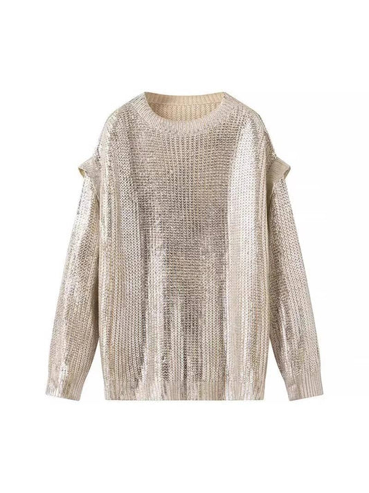 Shiny Retro Luxury Metallic Pullover Sweater: Silvery / L